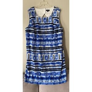 TAHARI Women’s Blue Ikat Print Linen Sheath Dress Plus Size‎ 24W Resort Coastal